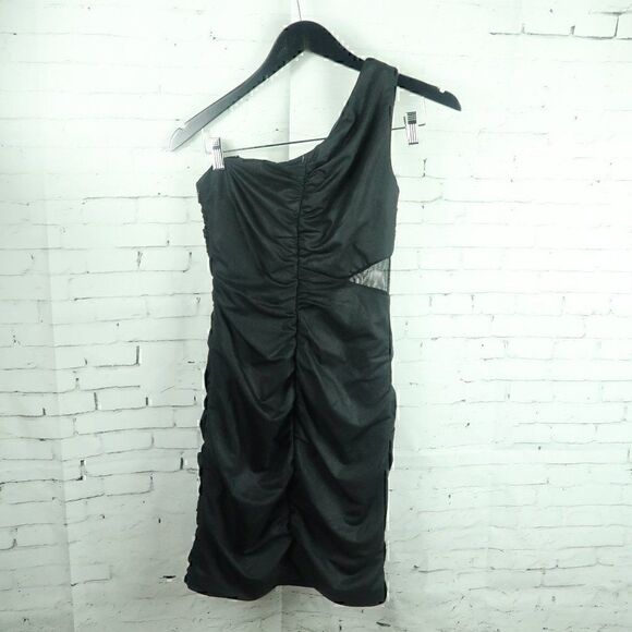 RAMPAGE BLACK LIQUID STRETCH JERSEY ONE SHOULDER BODYCON DRESS WITH SIDE MESH - Picture 12 of 14